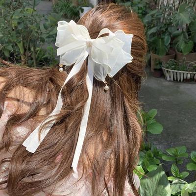 Pince à Cheveux Sucrée avec Nœud d'Été Pour Filles Pince à Cheveux Longue avec Nœud en Ruban Pour Femmes Barrettes Nœud Blanc Pince à Cheveux Perle Accessoire de Cheveux