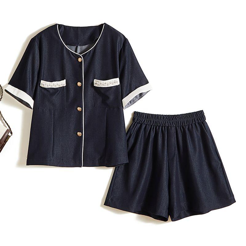 

Invincible Western Style Girlish Style Fashion Suit Summer! Women s Beaded round Neck Short-Sleeved Washed Cotton T-shirt + Shorts Hot Pants Dark blue 4XL