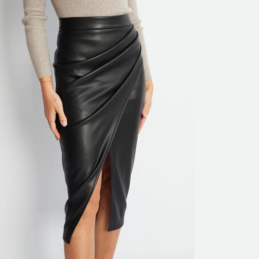 Fustă damă PU cu crăpătură Primăvară Toamnă și Iarnă Talie înaltă Fermoar Plisată Fustă de piele Fustă șold sexy