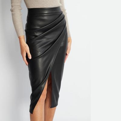 Γυναικεία PU Φούστα Σκισίματος Άνοιξη Φθινόπωρο και Χειμώνας Ψηλόμεση Φερμουάρ Πλισέ Δερμάτινη Φούστα Σέξι Φούστα Γοφών