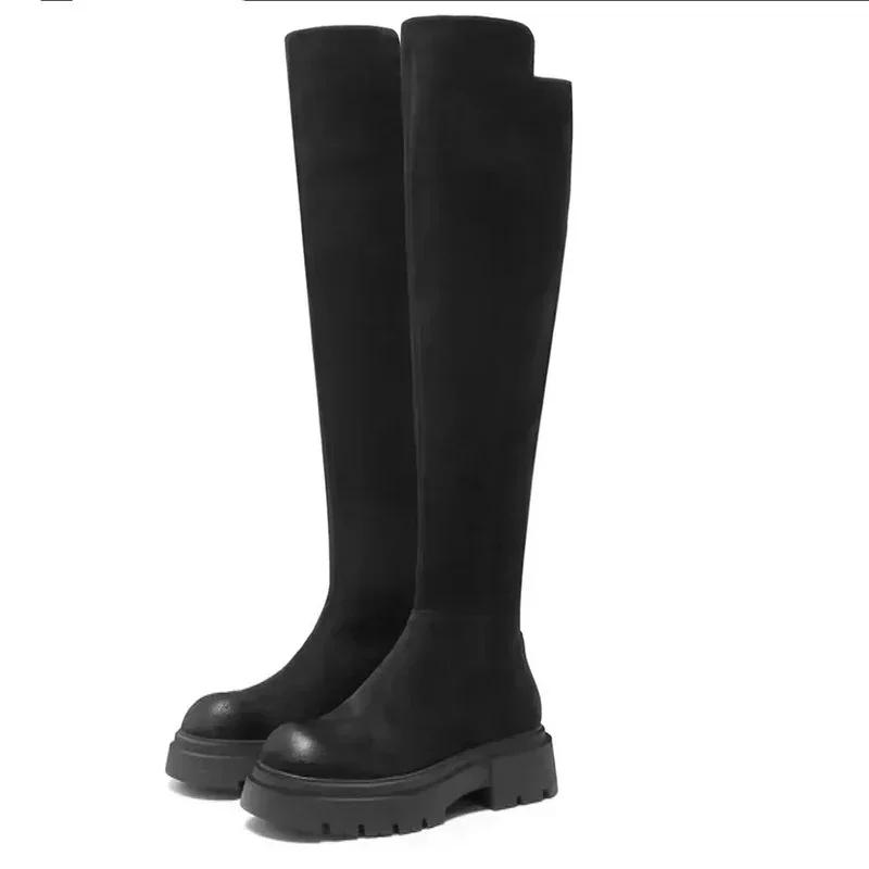 Fashion Suede Chelsea Boots Over The Knee  Women Flats Shoes Platform 2025 Winter New Round Toe Designer Gladiator Boots Goth Punk Botas
