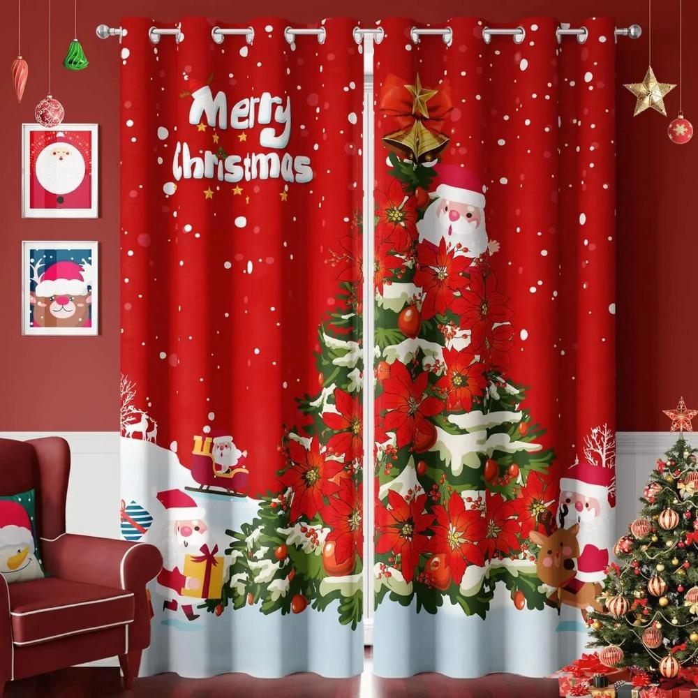 2PCS Digital Printing Christmas Curtain Snowman Xmas Tree Small Window Curtain Bedroom Polyester Curtain For Living Room