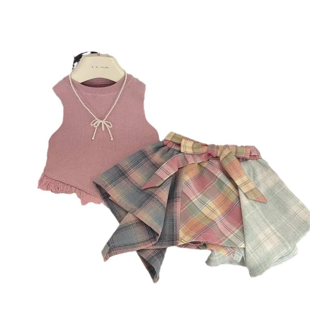 Summer Girls Sweet Two Piece Set With Tassel Vest And Playful Checkered Skir