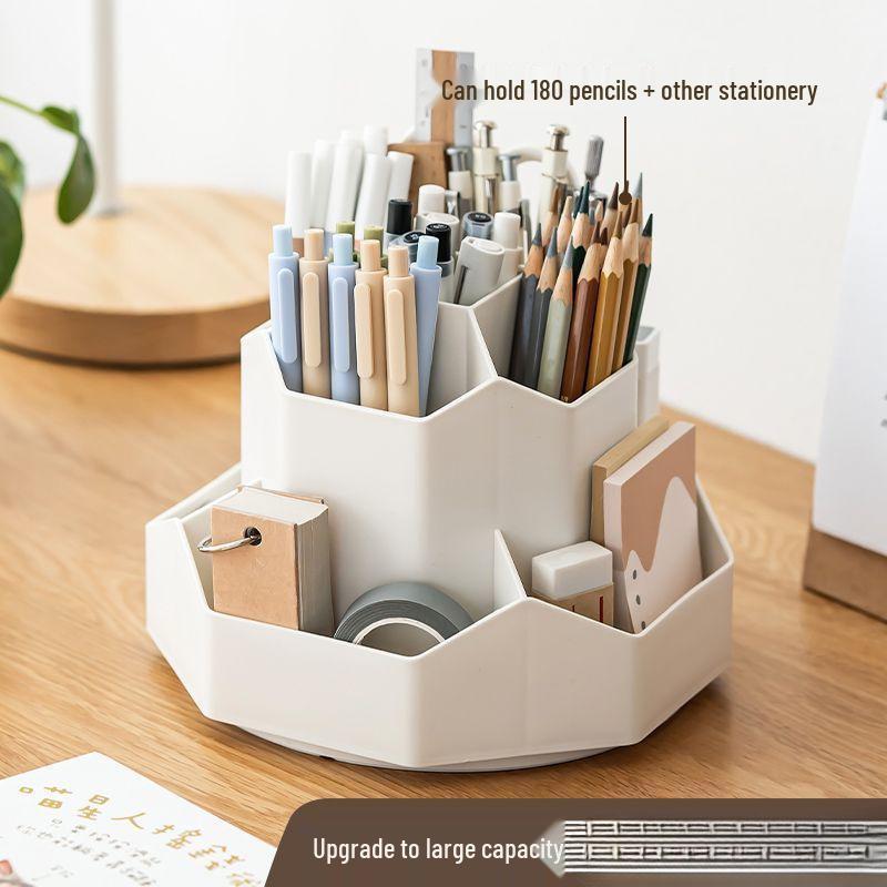 Double-Layer Rotating Pen Holder - Large Capacity, Cute Design for Student Desktops