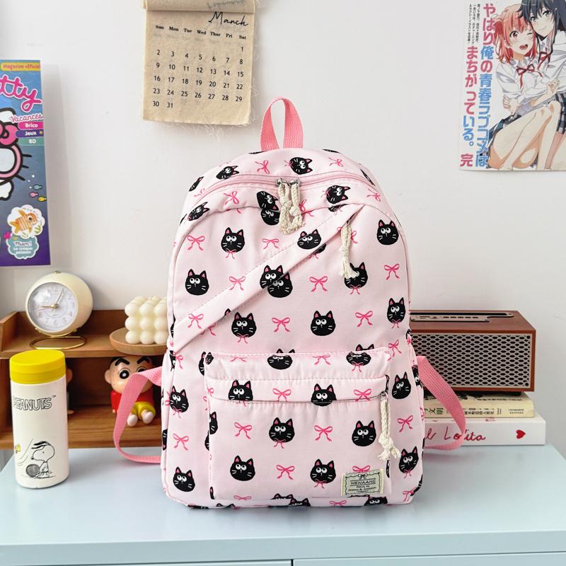 Soft Cute Kuromi Bow Animal Pattern Girl's Backpack Nylon Large Capacity Diagonal Zipper Student Double Backpack Campus Outdoor