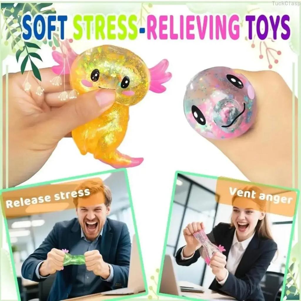 4Pcs Glitter Axolotl Squishy Toys, Cute Malt Sugar Texture, Soft Stress Relief Fidgets for Kids & Adults