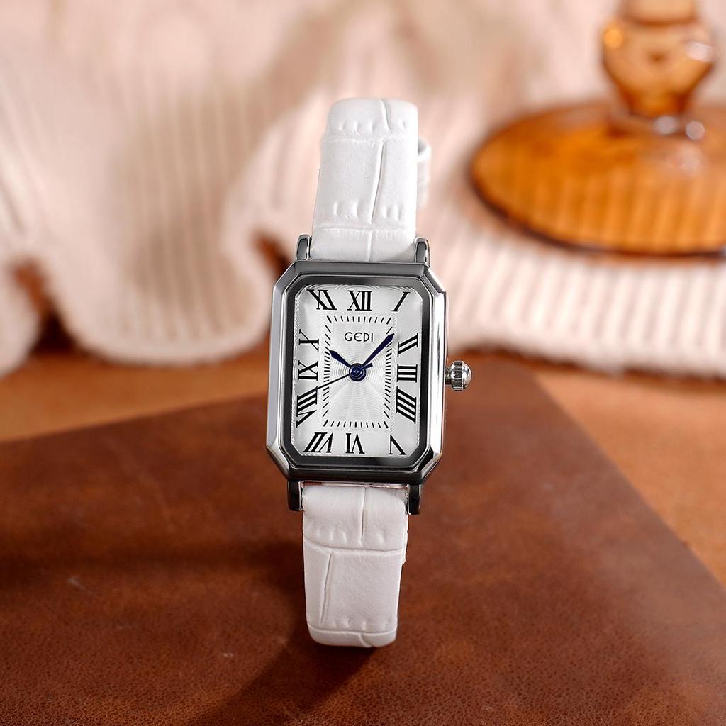 Gedi Retro Small Square Dial Ladies Waterproof Leather Strap Quartz Watch