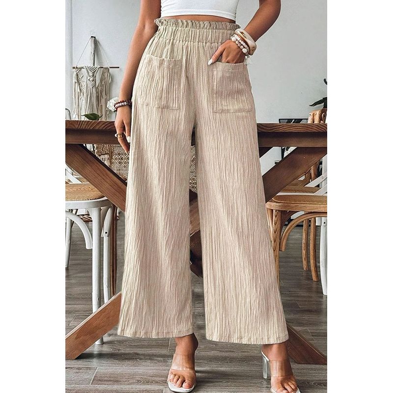 

Fall Fashion New Arrival Southeast Asia Creamy-white Elastic High Waist Crimp Loose Pockets Casual Straight-Leg Wide-Leg Pants Beige