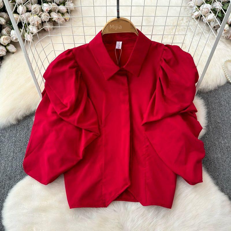 

Summer Stylish Puff Sleeves Slim Looking Niche Shirt Red All yards