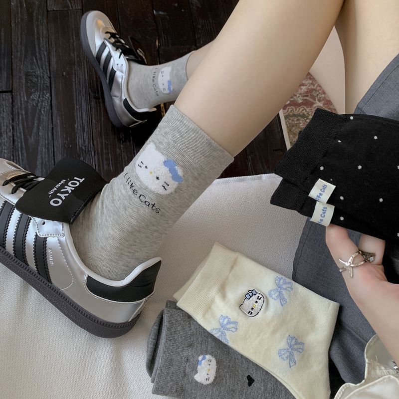 Early Autumn Socks, Korean Cute Cartoon Bow Cat Medium Tube Socks Versatile Women'S Socks Boneless Cotton Socks