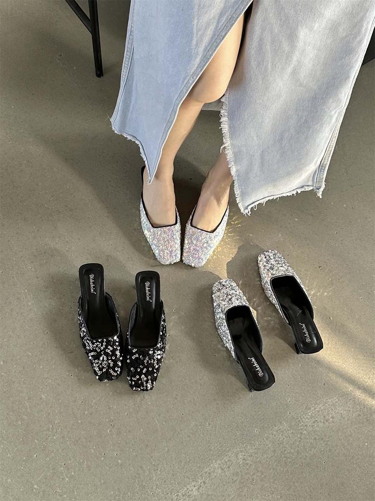 Fashion Square Toe Women Slides Slippers Summer Outside Dress Shoes Black Silver 2024 New Arrivals Party Thin Low Heels Sequined Cloth