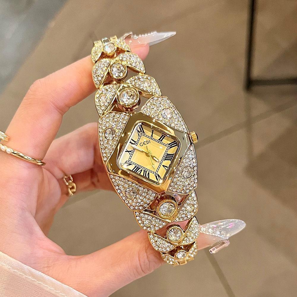 GEDI Watch Luxury Square Roman Dial Ladies Watches Fashion Shiny Diamond Bracelet Elegant Quartz Female Gold Watch Gifts