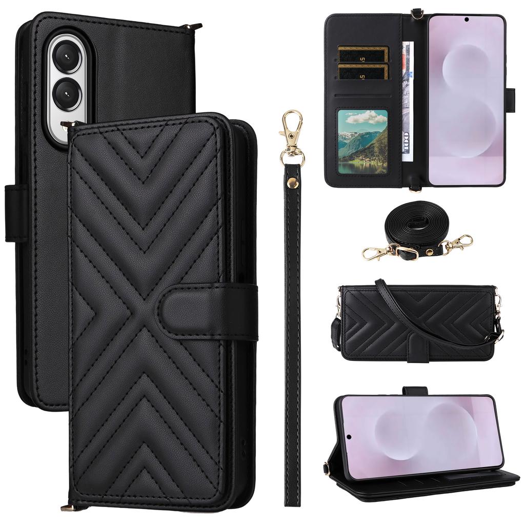 For Samsung Galaxy S25 Edge Wallet Case with Shoulder/Wrist Strap Leather Phone Cover Stand