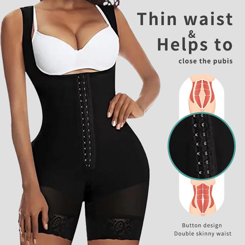 Plus Size Waist Cincher Bodysuit with Shoulder Straps, Button Closure, and Crotch Zipper for Tummy Control.