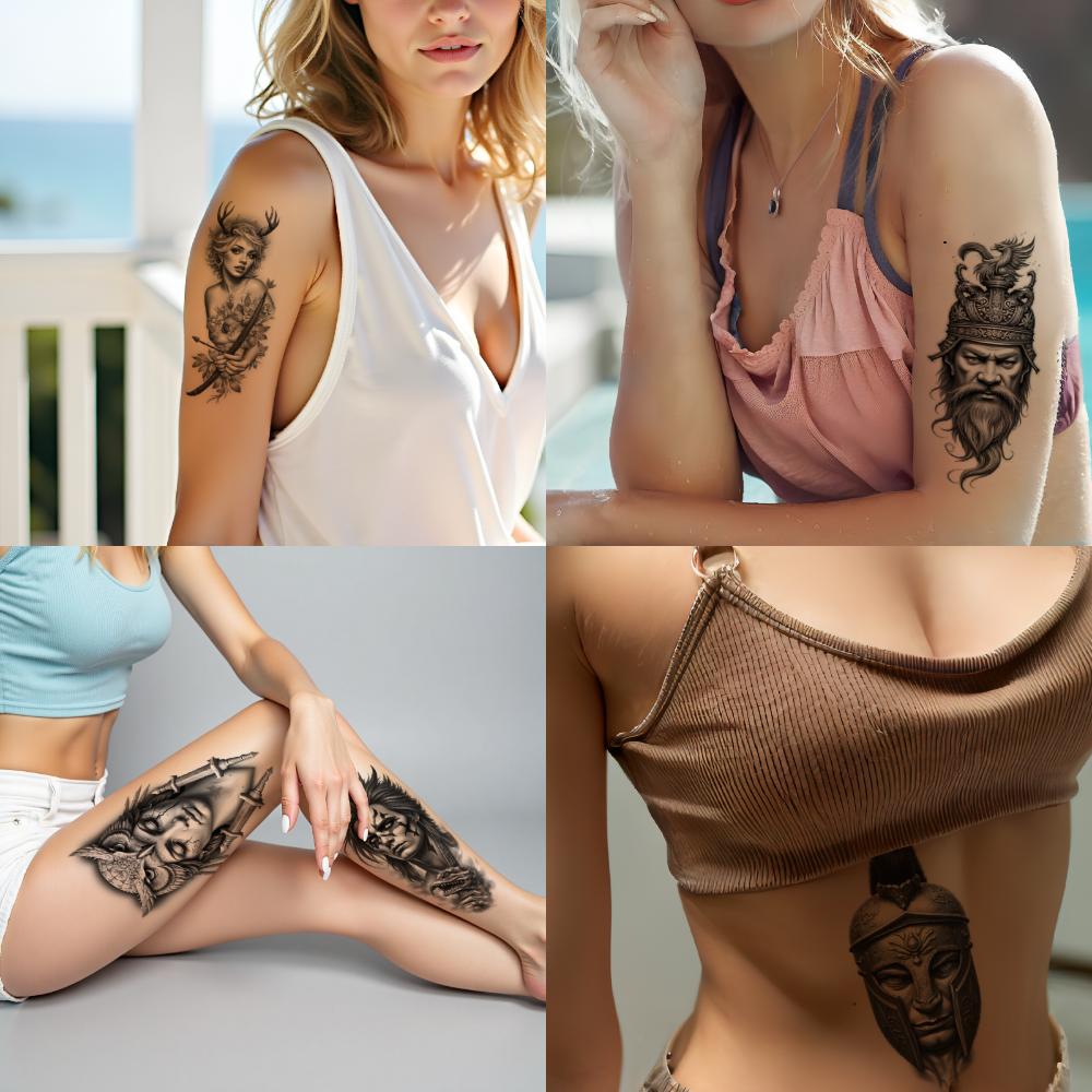 12 Stück Temporäre Tattoos Schwarz Grau Realismus Kleopatra Frau Indianerhäuptling Für Frauen Männer Oberschenkel