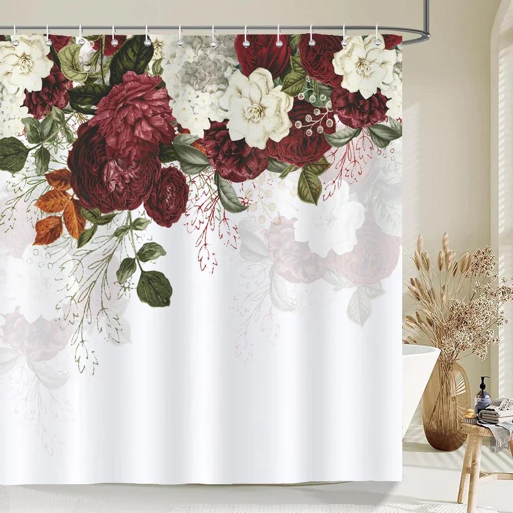 1Pcs Elegant Rose Flower Printed Fabric Waterproof Shower Curtain, Romantic and Fashionable Rose Bathroom Decoration, with Hooks