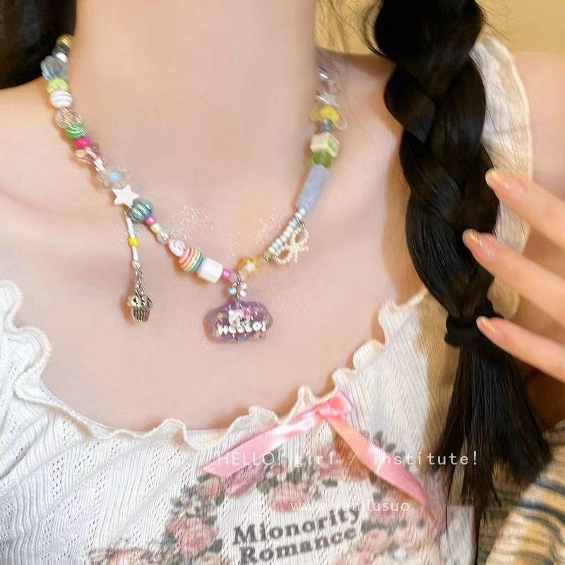 Dopamine Necklace: Candy-Colored Beaded Clavicle Design for Women - Sweet & Cool Internet Celebrity Jewelry
