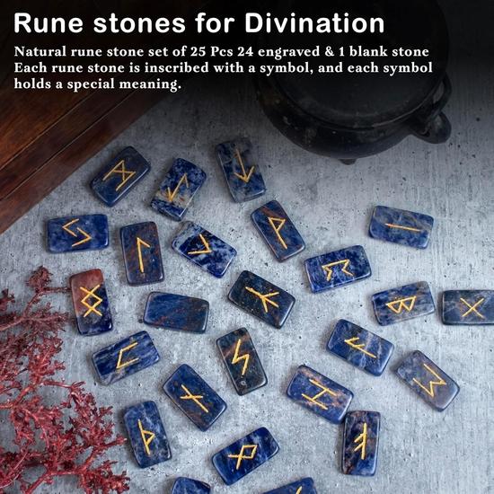 Crocon Sodalite Rectangle Shape Gemstone Runes with Elder Futhark Alphabet Engraved 25 Pcs Rune Set Crystal Divination Metaphysical : 20-25mm