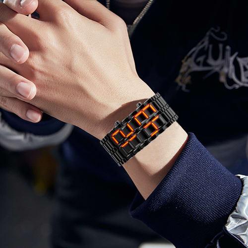 Gosasa Men's Lava Style Stainless Steel Watch with Red and Blue LED Digital Watch and Black Bracelet Watch, Red, Business Casual.