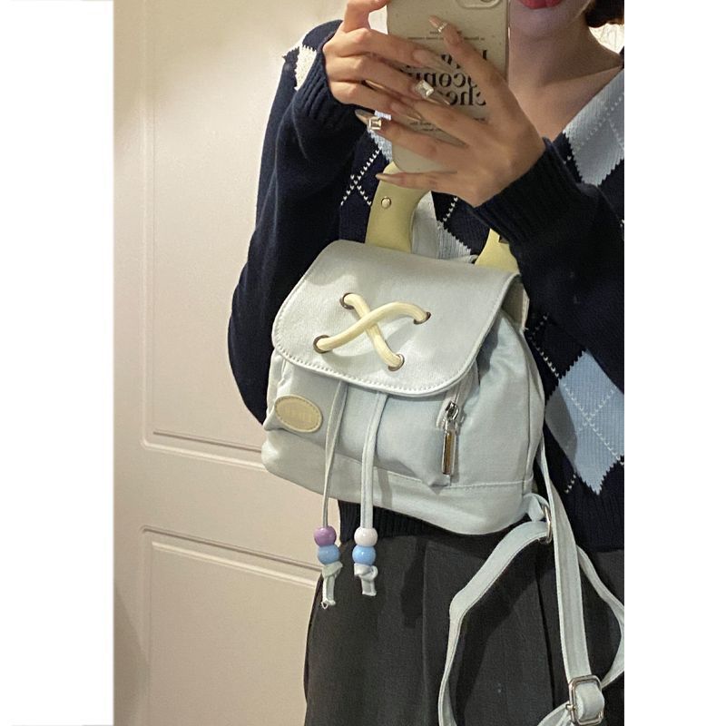 Denim Backpack Women S Tide Fashion College Wind Backpack Contrast Color Bucket Bag светло-синий