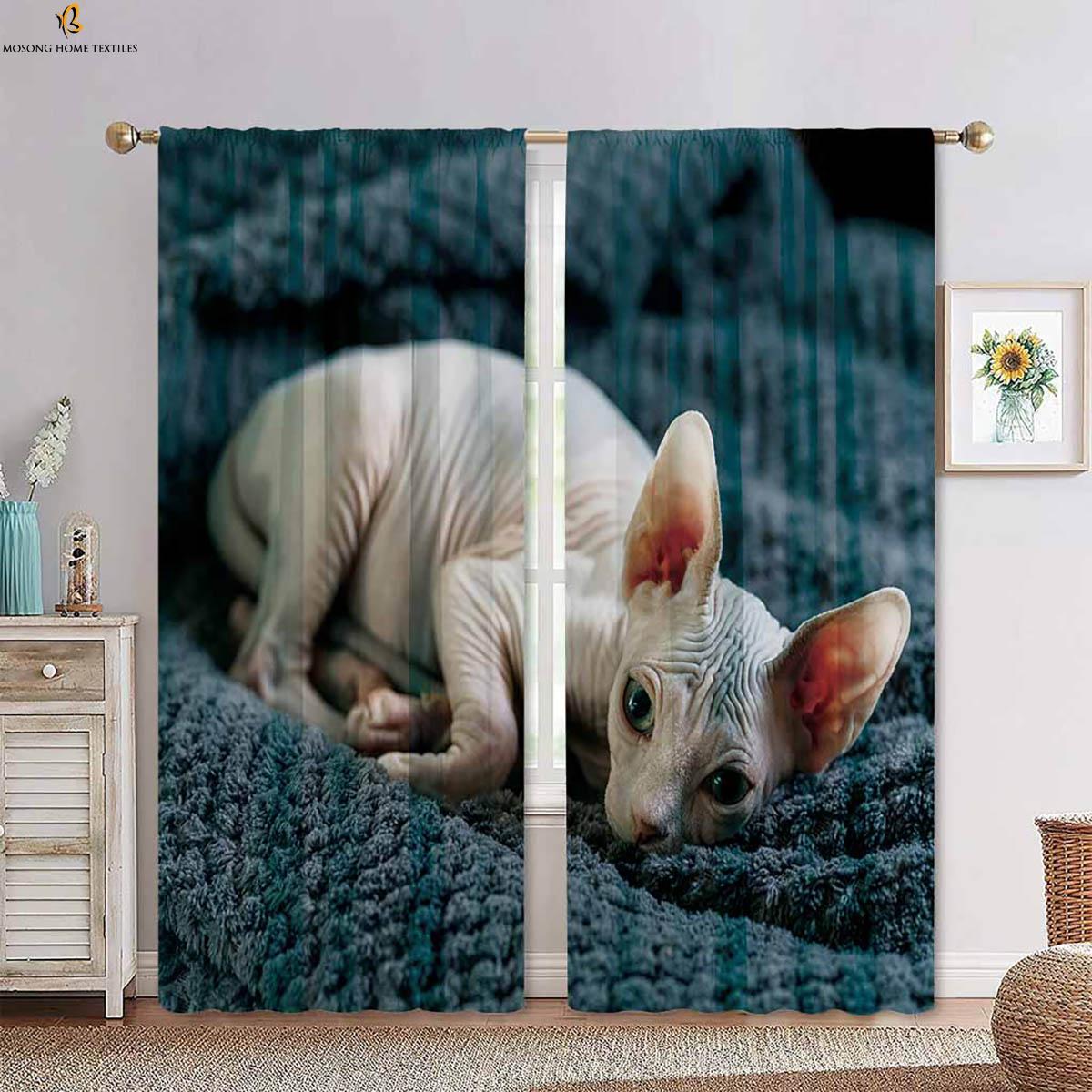 

Set Of 2 Cartoon Kitten Cute Printed Curtain Bedroom Living Room Kitchen Decorative Household Supplies With Rod Pocket Polyester Ideal For Great W100*H130(CM)-Grommet top&2PCS