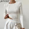 BITCED Women's Solid-Colour Split-Front Long-Sleeved O-Neck T-Shirt Spring/Autumn Top