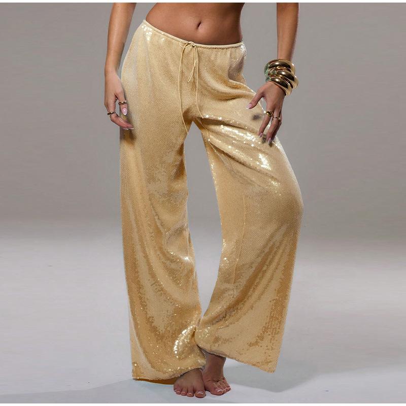 Pantaloni Larghi da Donna con Paillettes Vita Alta Coulisse Elastico Vita Vestibilità Larga Pantaloni Lunghi Festa in Spiaggia