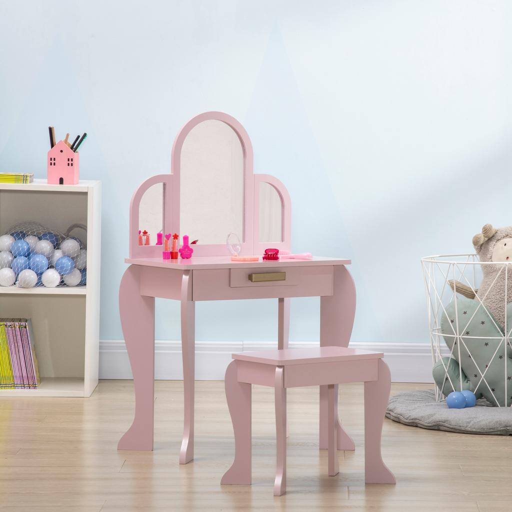 Kids Dressing Table Set, with Mirror and Drawer - Pink