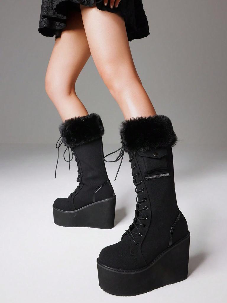 Панк Готичні Жіночі Бойові Чоботи Масивний Каблук-Клин Хутро До Середини Ікри Платформа Розкішне Зимове Взуття для Хелловіну Жіноче