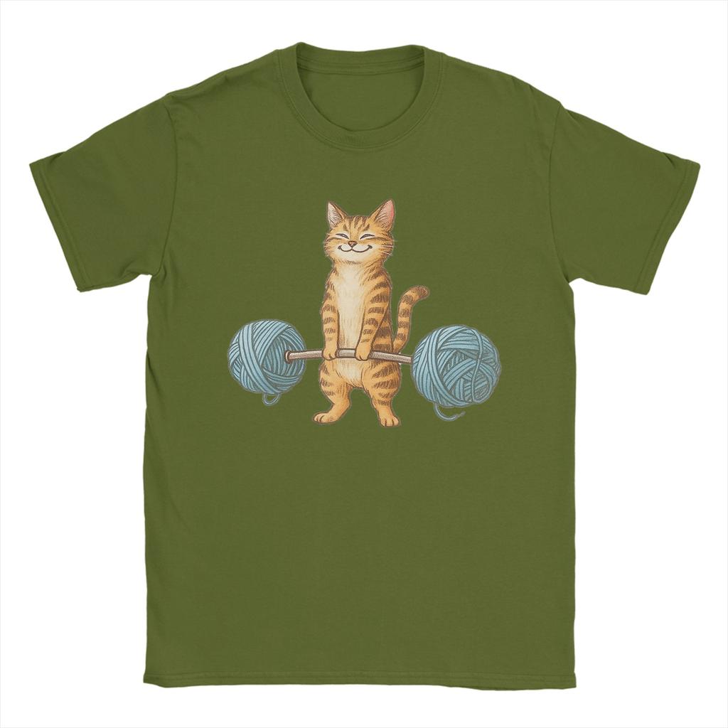 Fun Cat Weightlifting Yarn Barbell Fitness TShirt for Unisex O Neck Pure Cotton T Shirts Short Sleeve Tee Shirt Summer Clothing