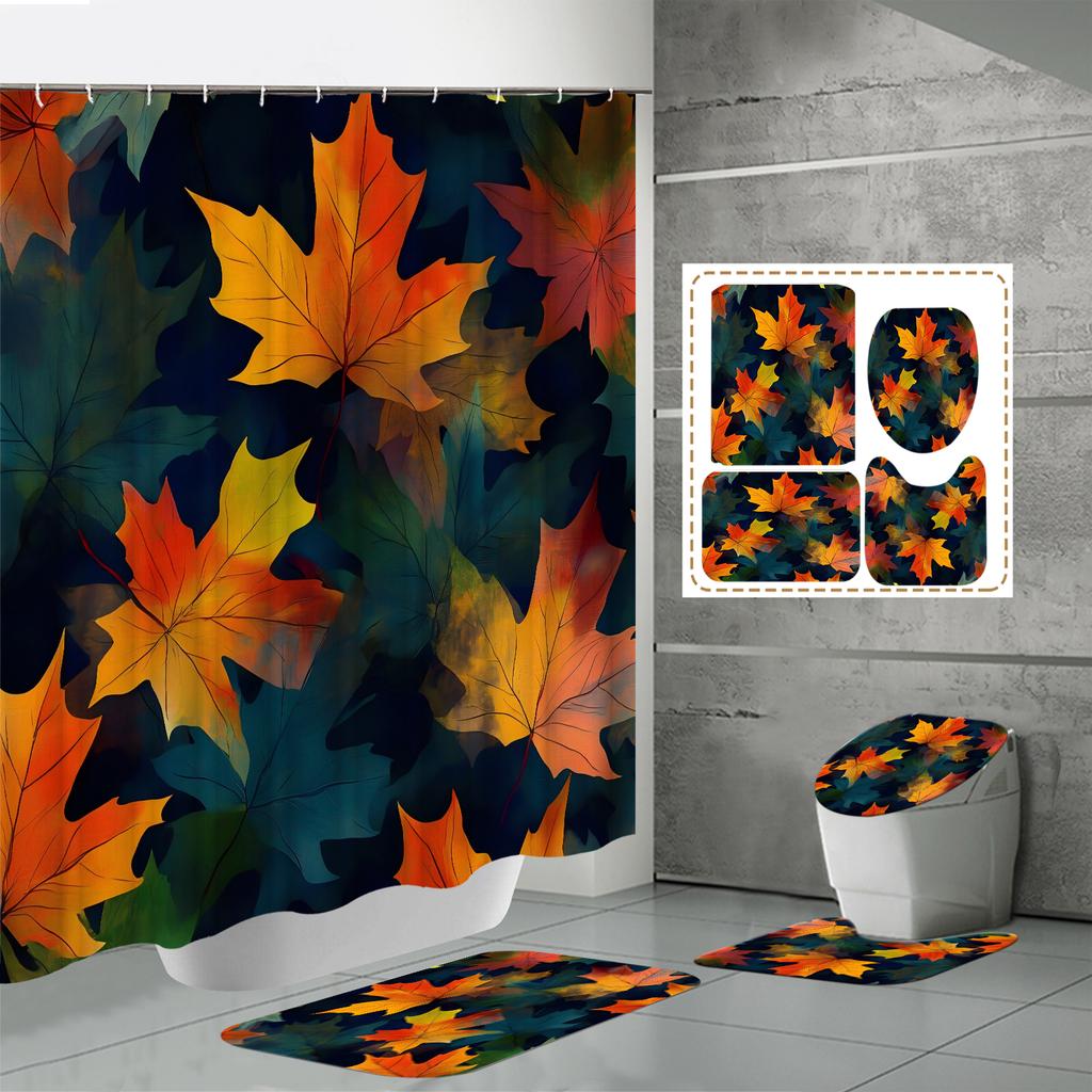 4 buc Seturi Perdea de Duș Cu Perdea de Duș și Covoare Covor Capac Toaletă Covoraș în Formă de U și Covoraș de Baie Set Baie Cu 12 Cârlige