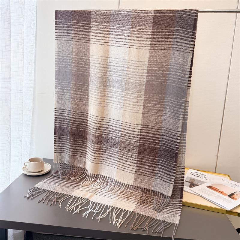 Color Blocked Plaid Long Scarf with Tassel Thick Soft Warm Imitation Cashmere Shawl Versatile Neck Scarf for Autumn Winter