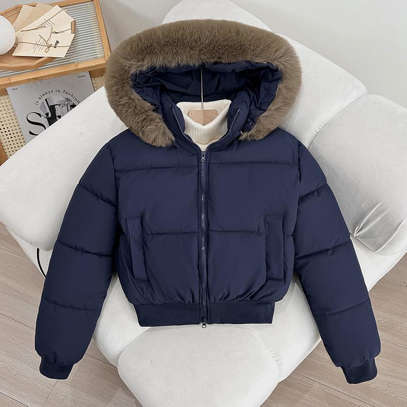 Winter neue Mode vielseitige Kapuzen-Daunen-Baumwollkleidung kurz großer Pelzkragen verdickt locker kleiner Mantel
