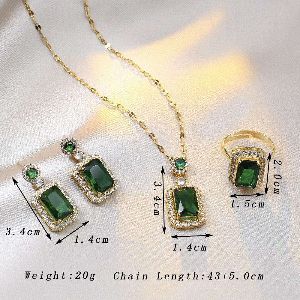 

Trendy Green Rhinestones Square Zircon Set for Women Geometry Drop Earrings Pendant Necklaces Ring Party Zircon Mother s Gift