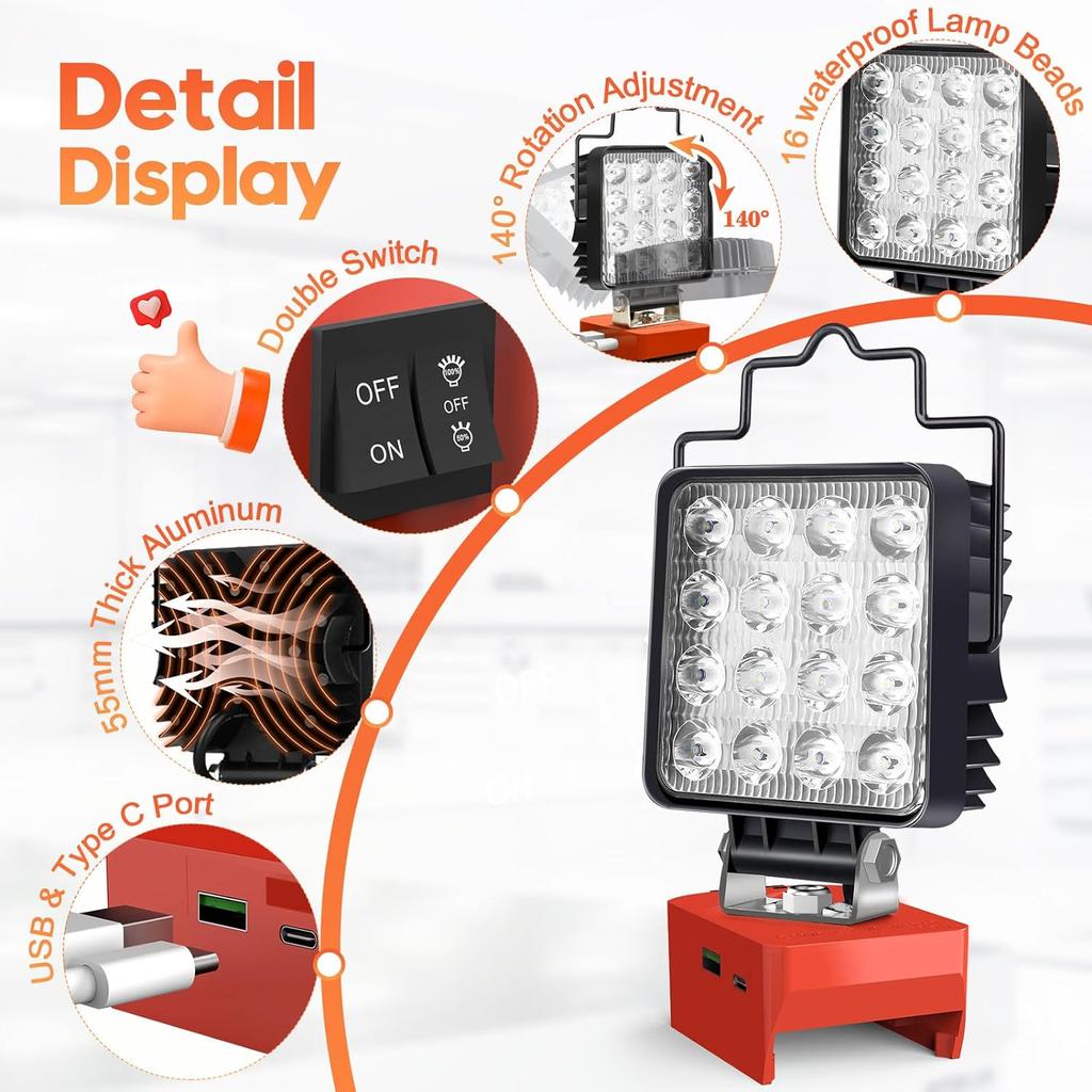 LED-Arbeitsleuchte für Dewalt- und Milwaukee-Akku, 48 W, tragbares Flutlicht, Taschenlampe, USB- und Typ-C-Ladelampe, Werkzeuge für die Baustelle