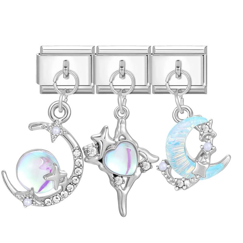 Y2K 3PCS Colorful Crystal Zircon Pendant Moon Star Bow Italian Charm Links Stainless Steel Fit 9mm Bracelet Jewelry DIY Making