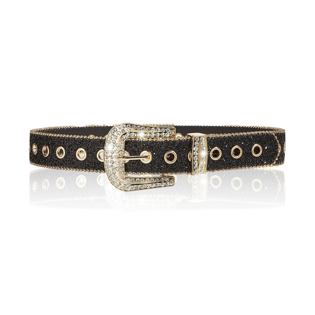 Fashion Women Wide Glitter Belt Golden Rhinestone Buckle Full Eyelet Design Western Style Waist Belt for Jeans Pants Dresses