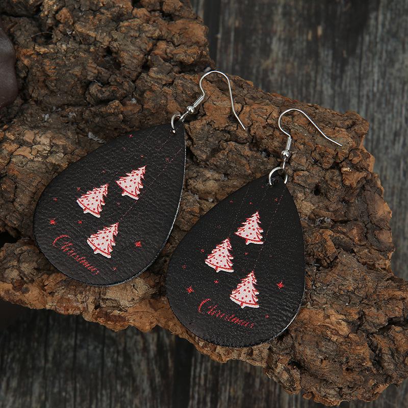 Pink Christmas Tree Pattern Leather Earrings for Women - Creative Letter Design