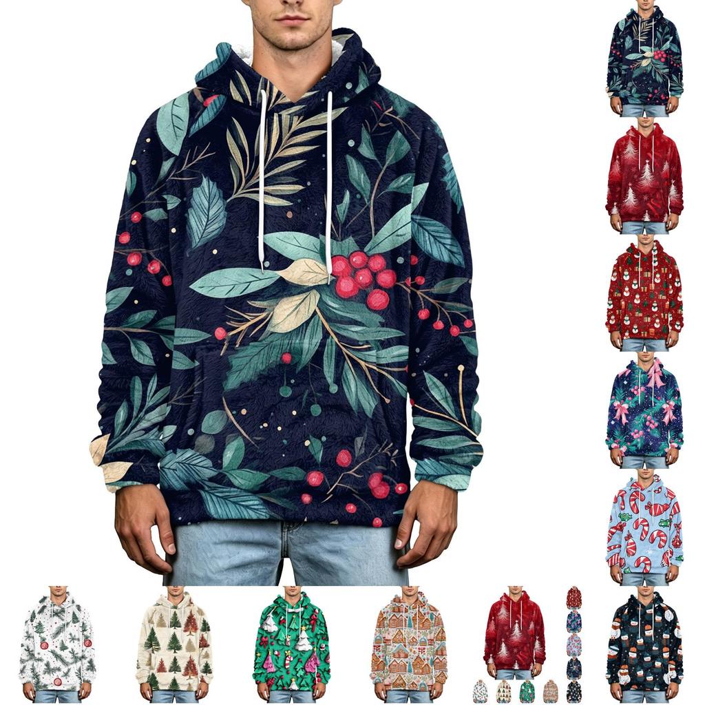 Men's Christmas Print Flannel Hoodie Hooded Casual Pullover Sweatshirt for Fall Winter