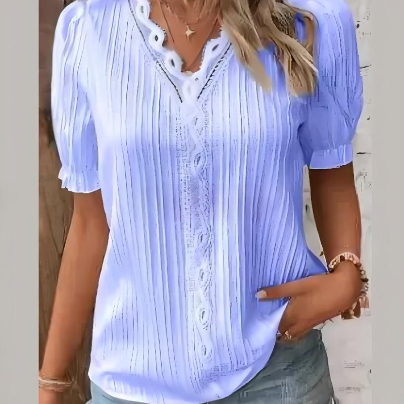 Summer Vacation Fashion Hollow V-neck Lace Short-sleeved Women's Shirt