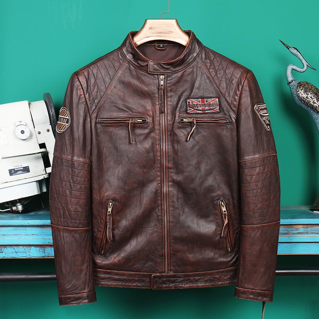 Męska kurtka motocyklowa vintage z prawdziwej skóry, dopasowana, ze stójką, kurtka motocyklowa, importowana skóra bydlęca licowa