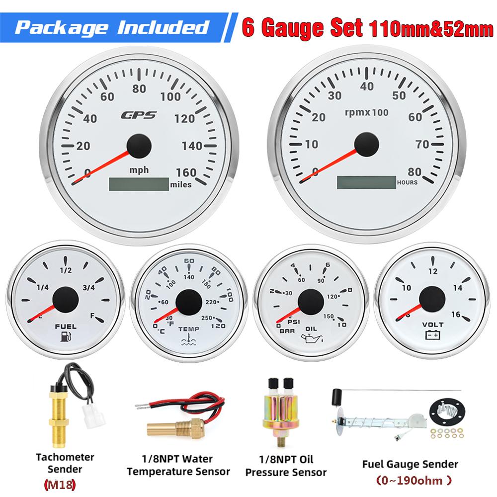 110mm GPS Speedometer 160MPH 0~8000rpm Tachometer Meter 7 Color 52mm Fuel Level Water Temp Oil Press Volt Sensor Kit 6 Gauge Set