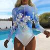 Women Long Sleeve One Piece Swimsuit Zip Front  Flower  Print Rash Guard Surfing Bathing Suit