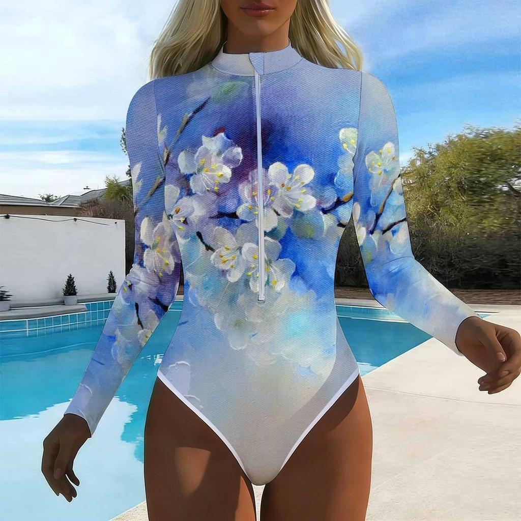 Women Long Sleeve One Piece Swimsuit Zip Front  Flower  Print Rash Guard Surfing Bathing Suit