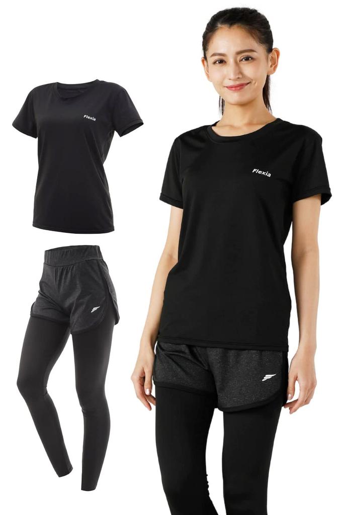 Flexia Yoga and Pilates Training Short Sleeve and Perfect for the Gym Size Women's Set, T-Shirt, Pants, Leggings, Quick-Drying, (Black, Small)