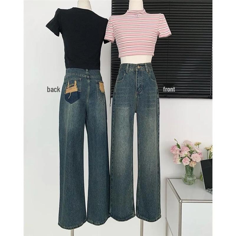 High Waist Contrast Ripped Straight Leg Jeans - Women s Loose Wide-Leg Pants M