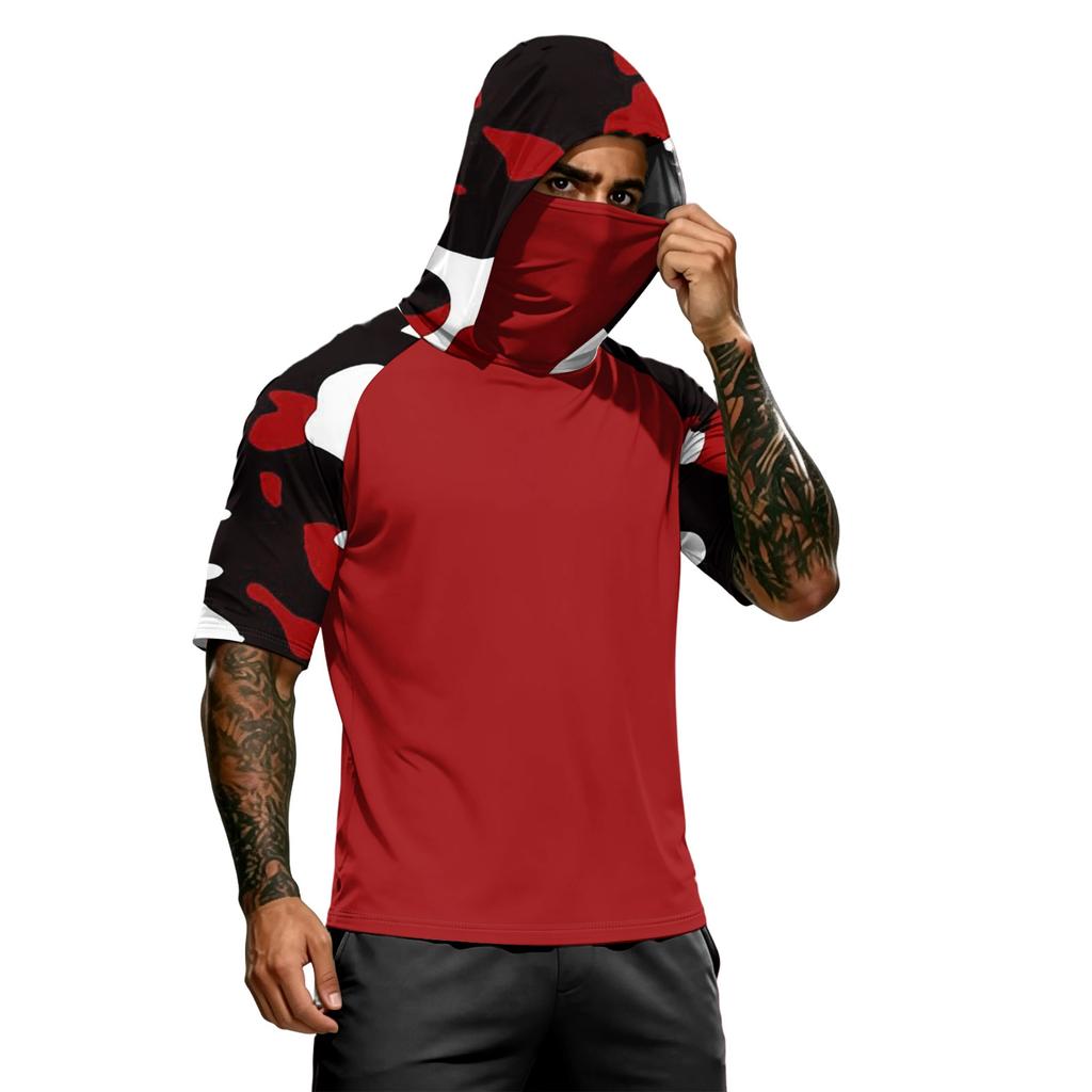 Men's Short Sleeve Hooded T Shirt Digital Camouflage Print Pullover Athletic Fit Lightweight Top for Sports Training