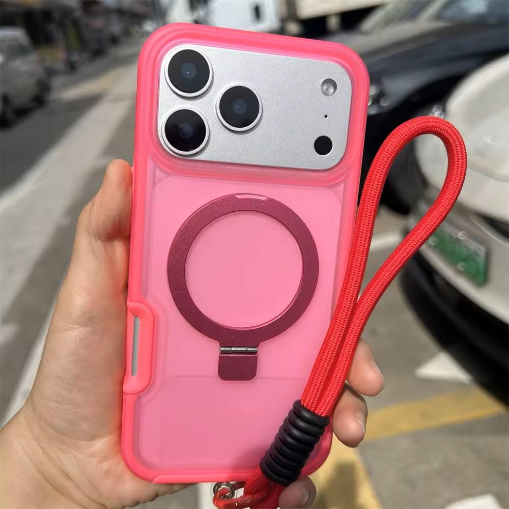 Luxury Magnetic Charging Matte Ott Anti-fall Case For iPhone Air 17 16 15 14 Plus Pro Max TPU+PC With Stand & Hand Strap Shell