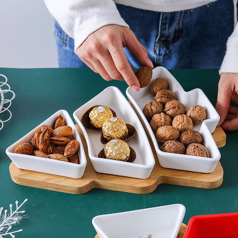 Ceramic Bamboo Wood Christmas Tree Partition Plate Platter Fruit Bowl Breakfast Dish Home Decoration