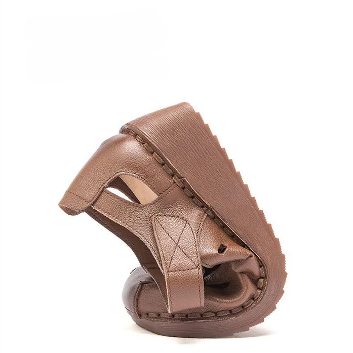 Johnature Retro Wedges Sandals Genuine Leather Breathable Shallow Soft Soled Women's Shoes